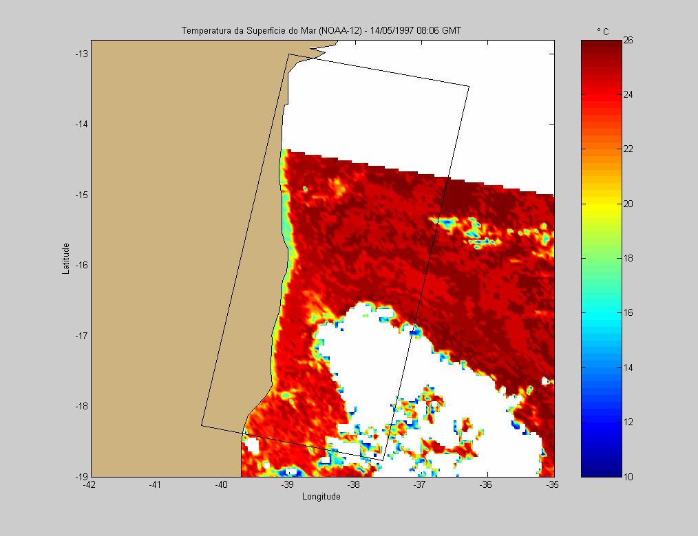 No dia 14 de Maio de 1997, os dados de TSM mostram áreas com temperatura relativamente mais baixa na região costeira (Figura 69), as quais, não afetaram a imagem SAR (Figura 72).