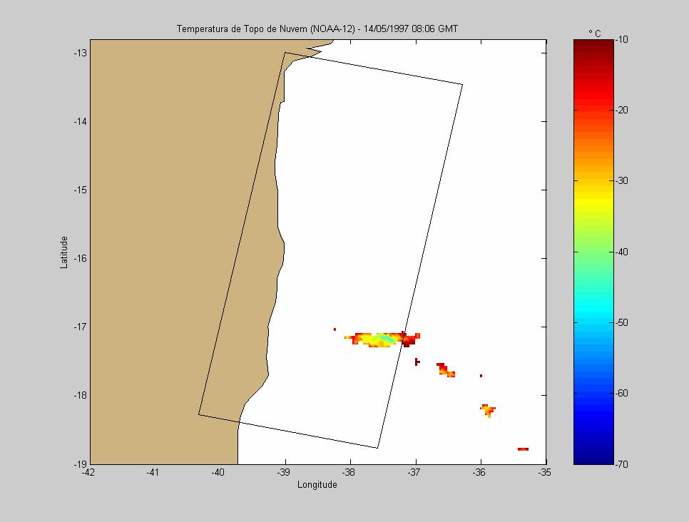 Figura 70 Temperatura do Topo de Nuvens no dia 14/05/1997, obtida pelo sensor AVHRR, a bordo do satélite NOAA-12, as 08:06 hs (GMT).