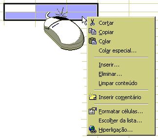 seleccionada. Para visualizar os menus sensíveis faça um clique com tecla do lado direito do rato sobre a célula seleccionada ou na área seleccionada.