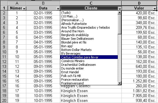 . FILTRO AUTOMÁTICO - AUTOFILTER 1. Seleccione no menu Dados (Data) o comando Filtro (Filter). 2.