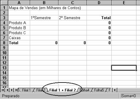 Exemplo: Pretende-se criar um Livro com a informação relativa ao volume de vendas de duas filiais de uma empresa e concentrar numa folha os valores totais das duas filiais.