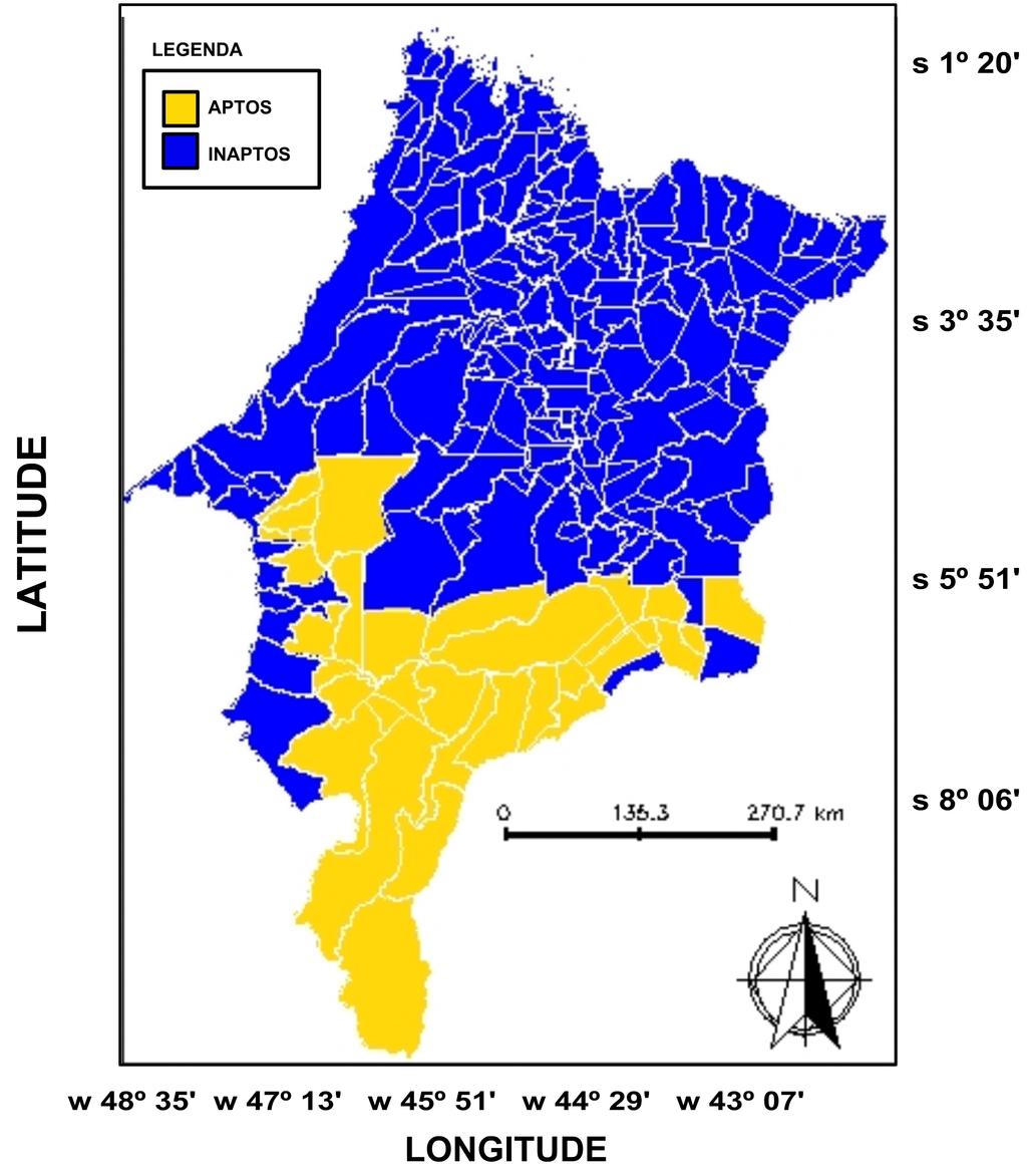Figura 1. Mapa dos municípios com aptidão plena ao cultivo da mamoneira no Estado do Maranhão. Tabela 1.