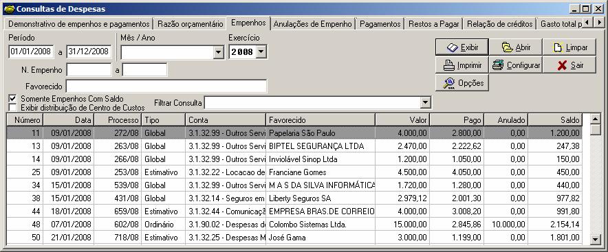 Em seguida, clicar em Exibir. Após realizar os procedimentos acima, o sistema apresentará o relatório abaixo, com todos os empenhos com saldo no exercício selecionado.