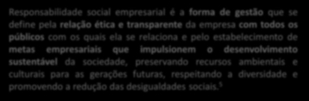 RESPONSABILIDADE SOCIAL Responsabilidade social empresarial é a forma de gestão que se define pela relação ética e transparente da empresa com todos os públicos com os quais ela se relaciona e pelo