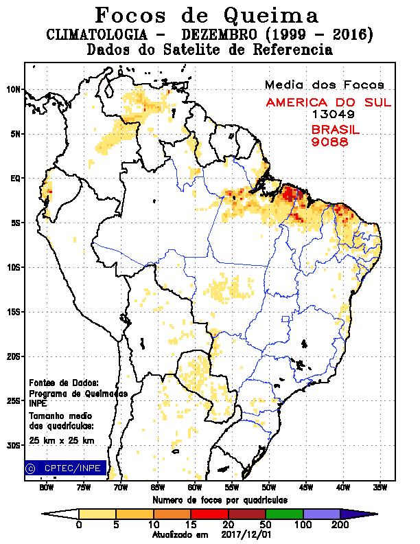 7. Tendência para Dezembro/2017 Com a estação chuvosa estabelecida no Brasil (Figura da direita) os focos de queimadas no mês de dezembro (Figura da esquerda) se concentram no centro-norte do Pará,