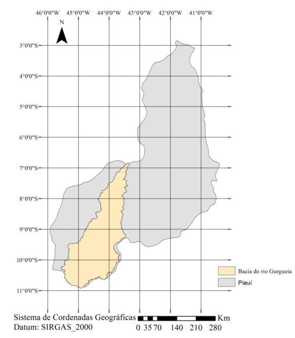 Figura 1. Localização da bacia do rio Gurguéia Foram também utilizadas informações de órgãos governamentais, como levantamentos de solos para verificar o nível de detalhamento de estudos dessas áreas.