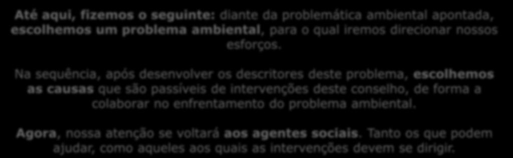 Na sequência, após desenvolver os descritores deste problema, escolhemos as causas que são passíveis de intervenções deste conselho, de forma a