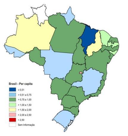 Média da massa coletada per capita dos municípios em relação à população urbana Total: 0,93 kg/hab.