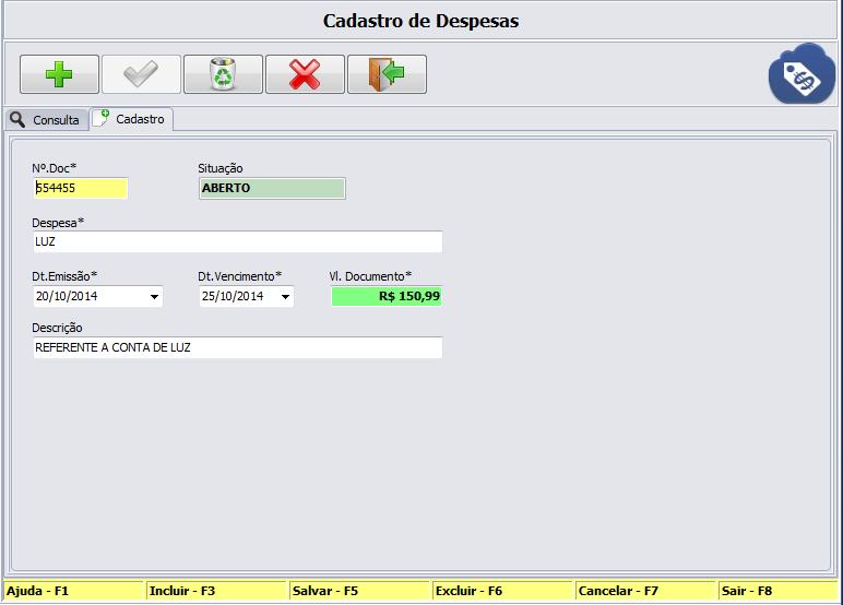 Objetivo Sua função é cadastrar todas as despesas extras do