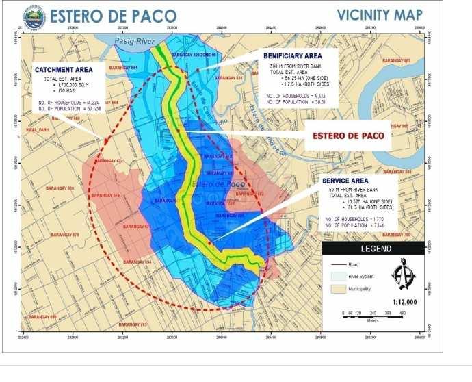 posteriormente no Rio Pasig, Baía Manila e Lago Bay. O foco primeiramente foi o projeto piloto do Estero de Paco. Estero de Paco tem 2.9km de extensão, que descarrega no Rio Pasig.