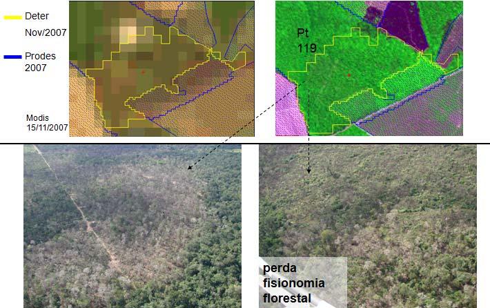 Coordenadas: S 11,91º; W 54,82º DESCRIÇÃO PONTO 119 Classificação: Degradação l - Intensidade Alta (Perda da Cobertura l) / abertura estrada na vizinhança Cicatriz de fogo florestal Alerta de foco de