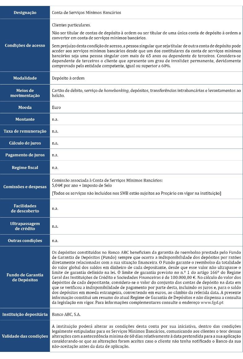 Direito à informação À semelhança de qualquer conta de depósito à ordem, na conta de SMB as instituições estão obrigadas a disponibilizar ao cliente: A Ficha de Informação Normalizada