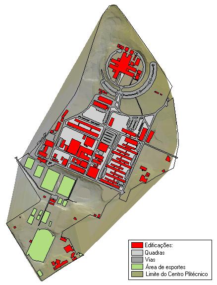 Os arquivos referentes às quadras, edificações, arruamento, área de esportes e limite do campus também foram convertidos para o formato shape (.