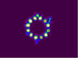 A Figura 39 mostra a distribuição da luz no primeiro anel da casca microestruturada na saída da fibra com núcleo de ar, onde as cores brancas indicam maior intensidade de luz e azul menor intensidade.