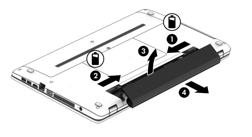 Remoção da bateria (sem a trava de fixação): CUIDADO: Remover uma bateria que é a única fonte de alimentação do computador pode causar perda de informações.
