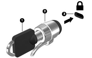 1. Passe o cabo de segurança ao redor de um objeto seguro. 2. Introduza a chave (1) na tranca de cabo (2). 3.