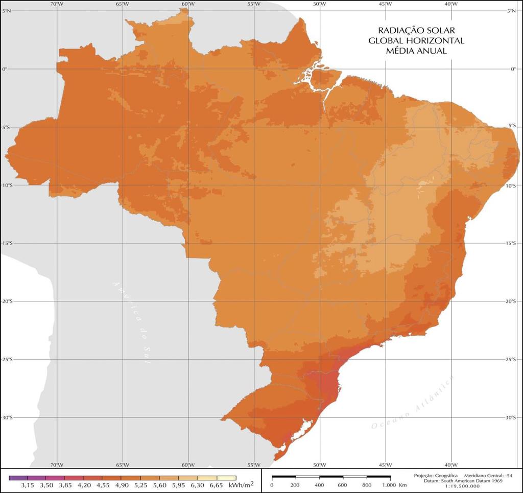 Perspectiva de Geração Solar no Brasil Valores anuais médios da irradiação solar do Brasil: 1.550 a 2.