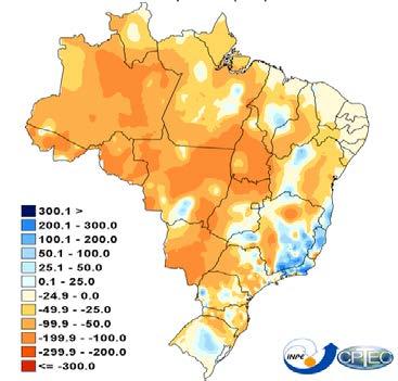 Em boa parte do Brasil Central e regiões Norte e Nordeste as precipitações foram até 50 milímetros abaixo da normal climatológica para o período.