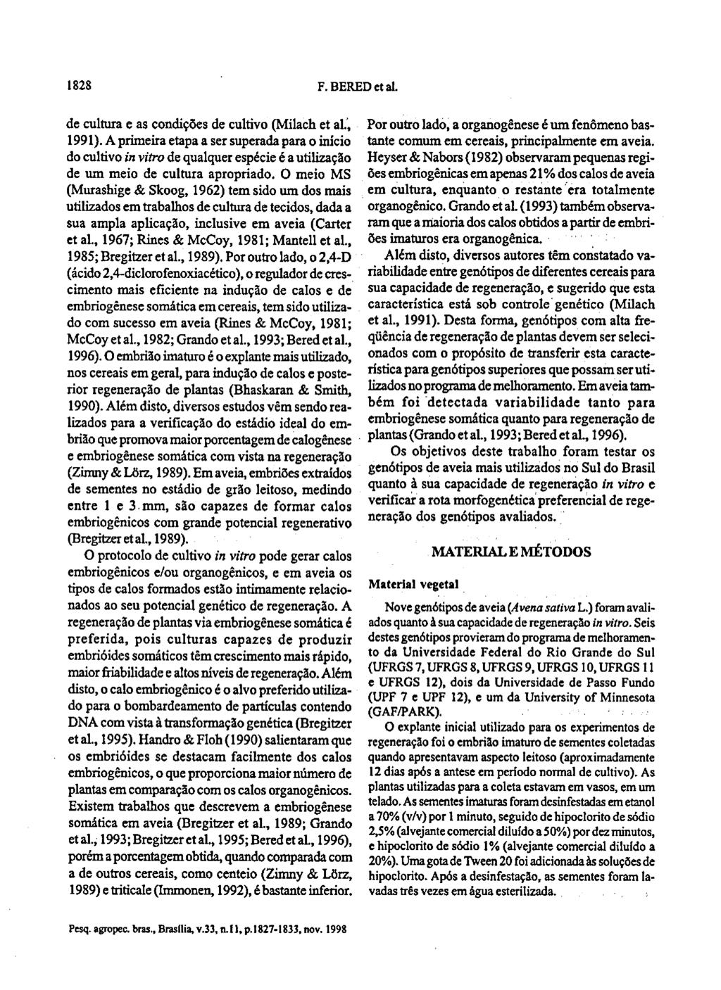 1828 F. BERED et ai. de cultura e as condições de cultivo (Milach et ai., 1991).