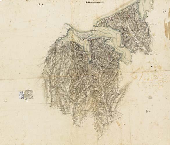 Figura 4 Fragmento da fase de desenho da carta topográfica militar da Península de Setúbal, construída entre 1813 e 1816 (DSE, 5147-3-36-49) A carta topográfica militar da Península de Setúbal é o