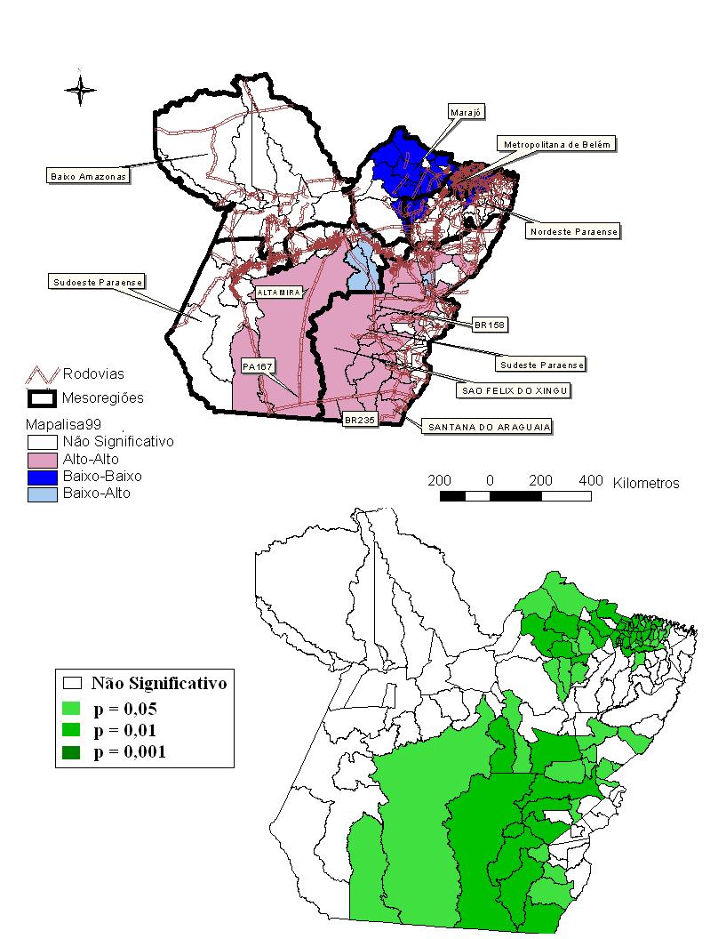 . Figura 4. Mapa de cluster e respectivo mapa de significância para a ocorrência de queimadas no estado do Pará no ano de 1999 Tabela 2.