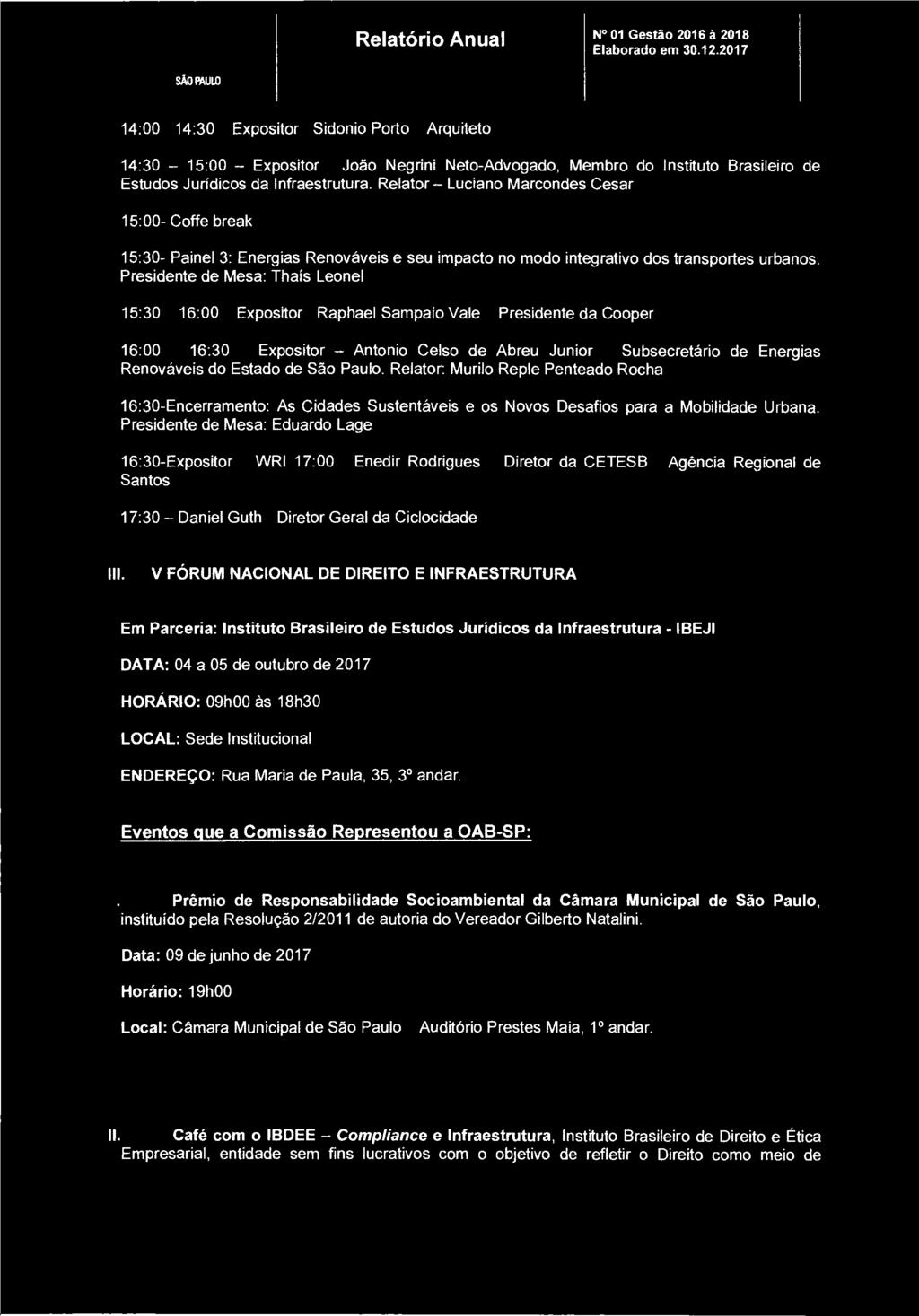 IML SÃO PAULO Relatório Anual N 01 Gestão 2016 à 2018 14:00-14:30 Expositor - Sidonio Porto Arquiteto 14:30 15:00 Expositor - João Negrini Neto-Advogado, Membro do Instituto Brasileiro de Estudos