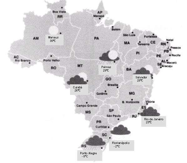 9- Observe o mapa a seguir. Nele foram representadas as temperaturas médias de algumas cidades brasileiras em um certo dia do ano de 2007.