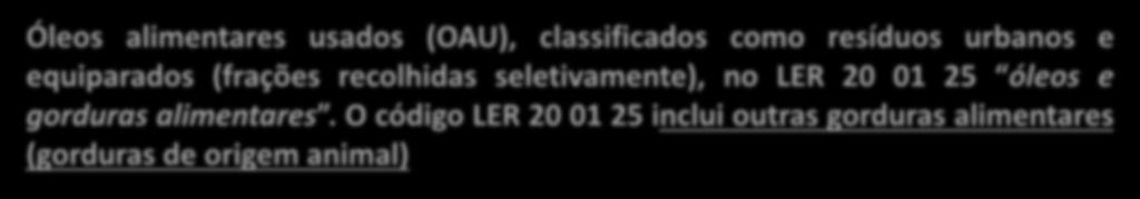 O código LER 20 01 25 inclui outras gorduras alimentares (gorduras de origem animal) O Decreto-Lei nº