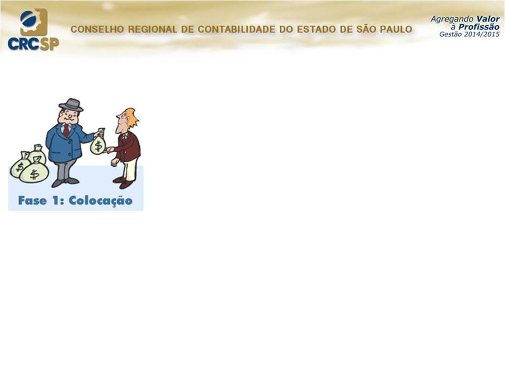 Lavagem de dinheiro SIGNIFICADO DAS ETAPAS DO PROCESSO Fase 1 COLOCAÇÃO: Nesta etapa, o criminoso coloca o dinheiro sujo em uma instituição financeira legítima.