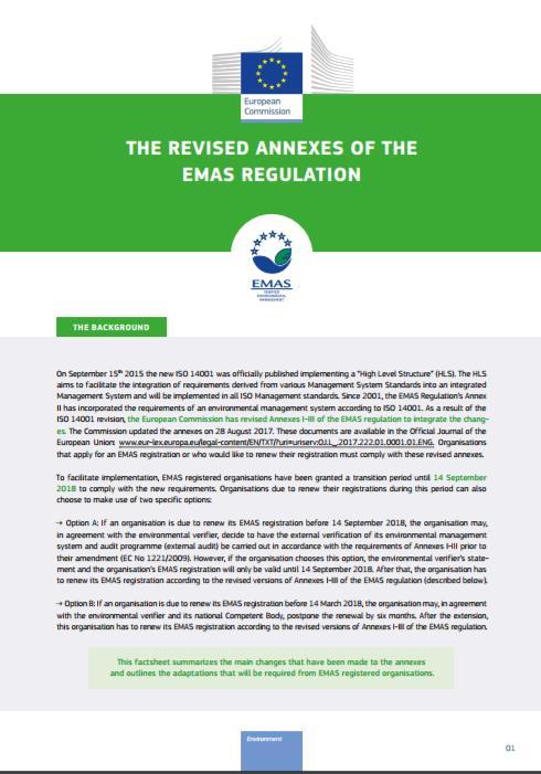 Enquadramento Factsheet elaborada pela Comissão, que resume as principais alterações aos anexos e o que as organizações EMAS