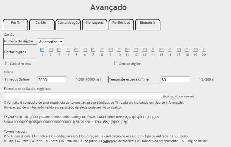 4.1. Cartao Na aba das Cartao de acesso é possível configurar os recursos de controle que o equipamento deverá realizar no momento em que um acesso for realizado; Ocultar dígitos: Ocultar os