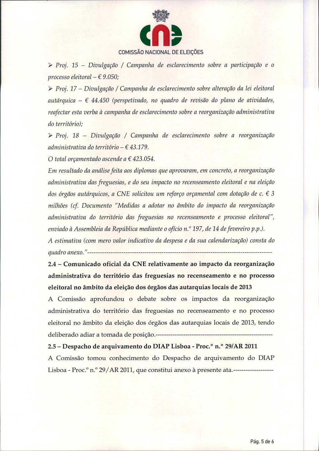 ~ Proj. 15 - Divulgação / Campanha de esclarecimento sobre a participação e o processo eleitoral- 9.050; ~ Proj.