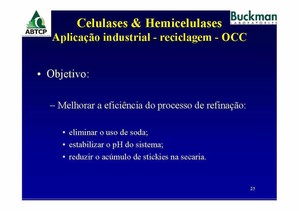 Celulases Hemicelulases Aplicagao industrial reciclagem OCC Objetivo Melhorar a eficieneia do processo