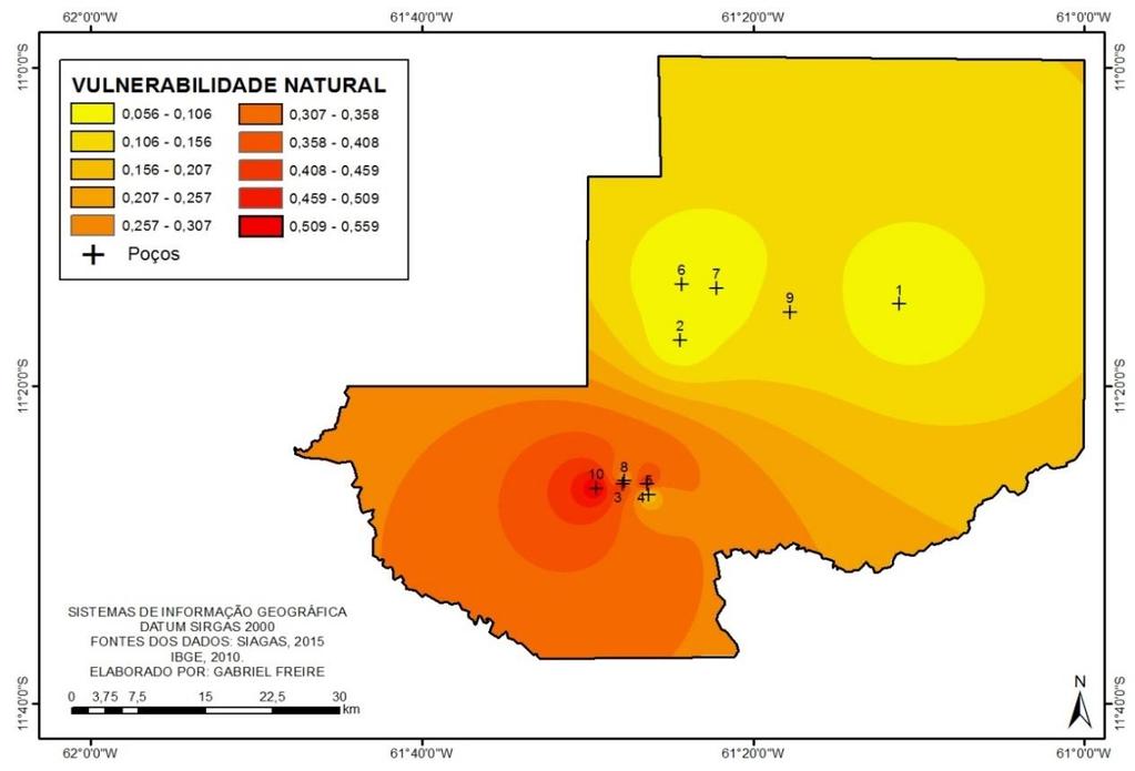 Figura 3 - Mapa da Vulnerabilidade do Aquífero Estudado. A tipologia do solo vai ser um fator predominante na definição da vulnerabilidade, no qual os mesmos são solos arenosos.