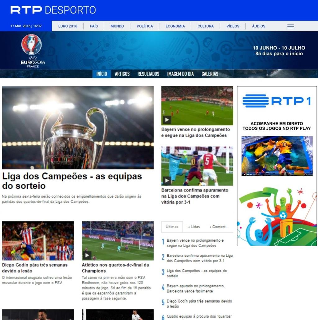 DIGITAL ÁREA RTP UEFA EURO 2016 Site exclusivo com conteúdos próprios: Artigos Resultados e Classificações Estatísticas das equipas e dos jogadores Clips dos melhores momentos dos jogos