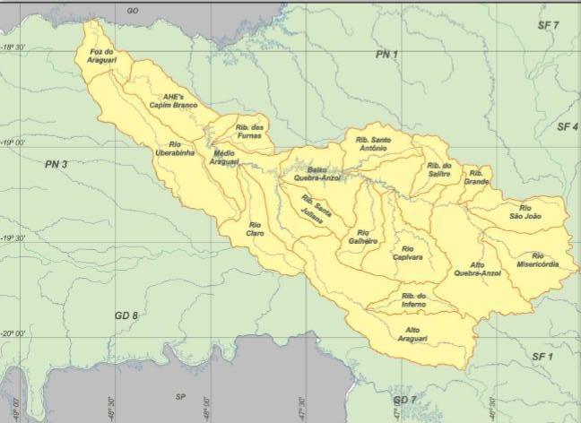 Belo Horizonte/MG - 24 a 27/11/2014 Figura 1 - Distribuição das Sub-bacias na Bacia do rio Araguari. Fonte Adaptado do PDRH da Bacia do Rio Araguari (2007).