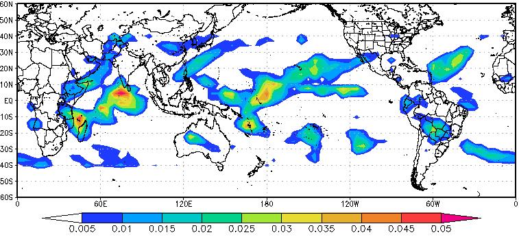 A fonte de massa positiva representa satisfatoriamente o posicionamento das anomalias de convecção ilustradas no campo médio de AROLE (Fig. 4.35.(a)).