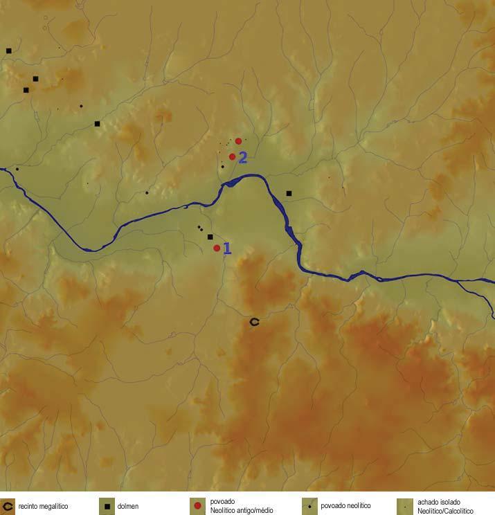 Fig. 1. Contexto arqueológico e paisagístico dos povoados de Barroca 1 (1) e Chaminé 3 (2). Cartografia: Pedro Alvim. 2.