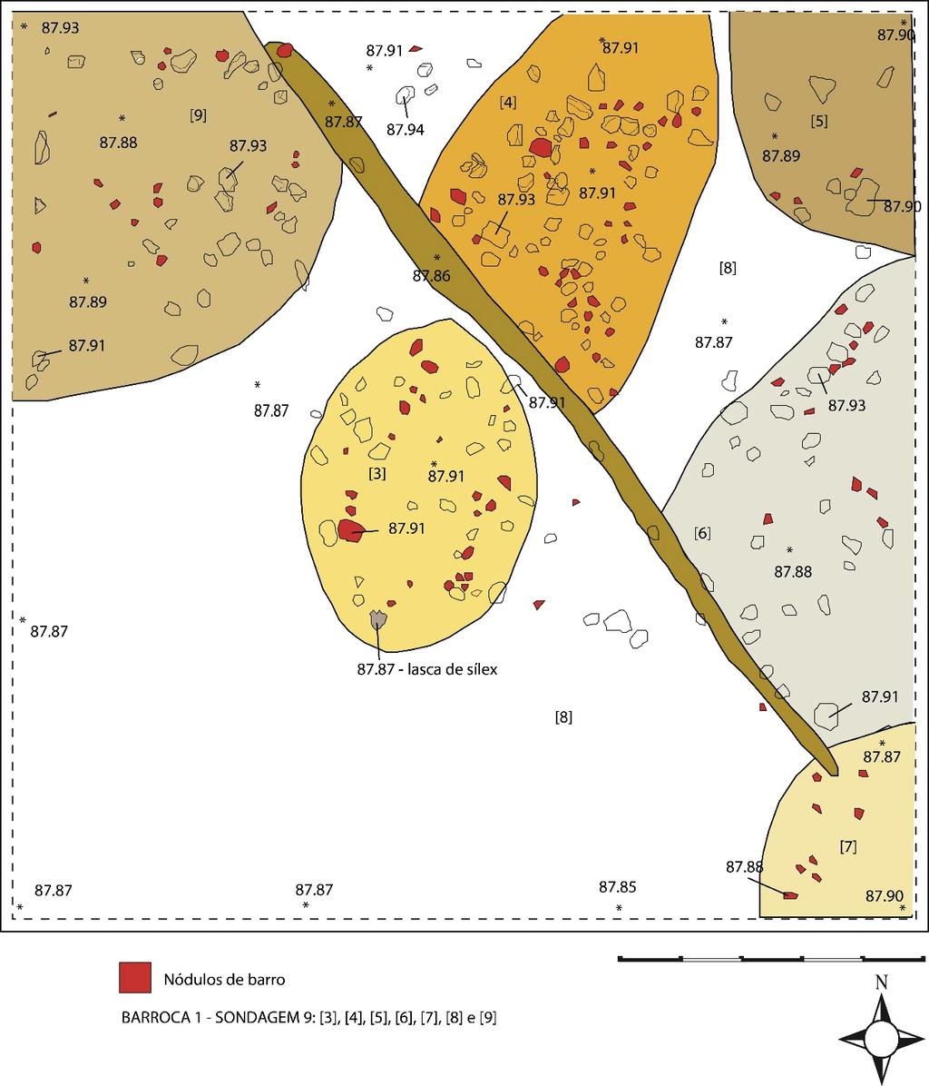 Fig. 4. Planta final da Sondagem 9, com identificação das estruturas identificadas: a [3], [4] e [7] deverão corresponder a restos de silos.