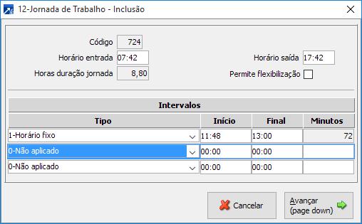 2.3 Incluir jornada de trabalho Acessar o menu 1.3.I.12. No campo CÓDIGO pressionar F4 + ENTER para a geração do código sequencial.