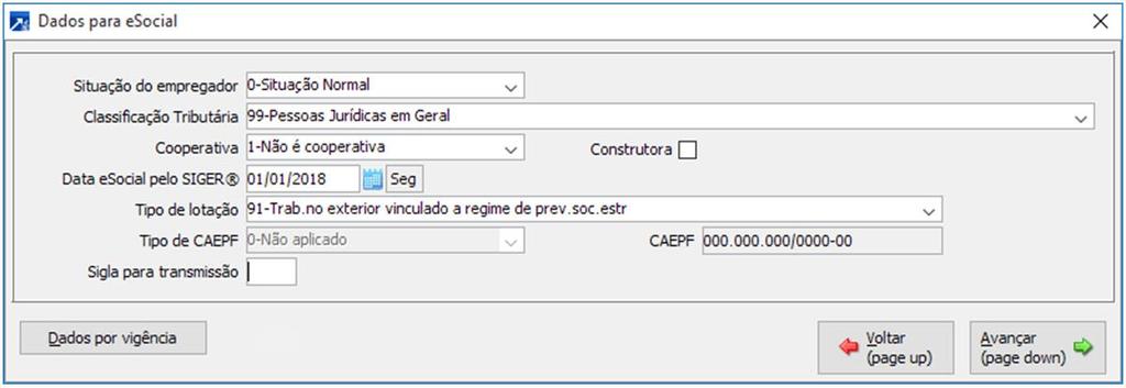 Já o botão CLASSE DA EMPRESA recebeu dois novos campos PROCESSO RAT e PROCESSO FAP.