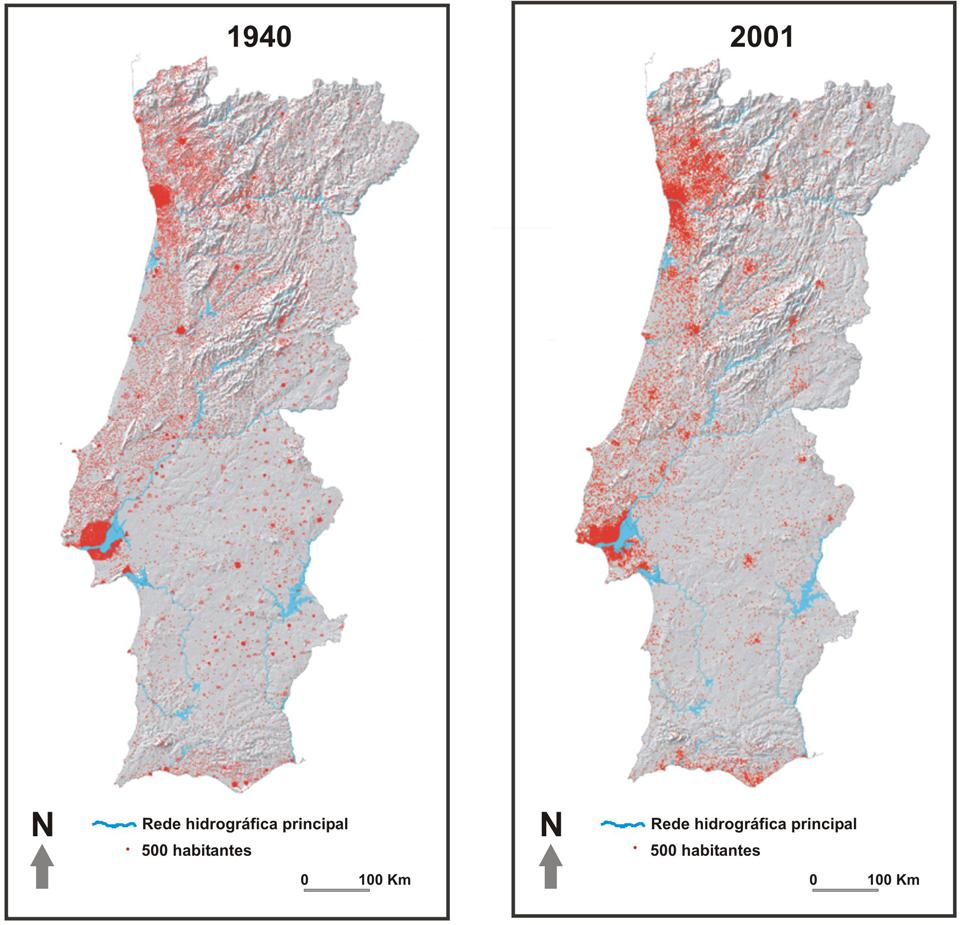 V Os mapas das Figuras 5A e 5B representam, por pontos, a distribuição espacial da população residente em Portugal Continental, respectivamente, em 1940 e em 2001.