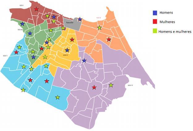 60 utilizaremos informantes procedentes de apenas 32 bairros da capital cearense, assim como mostra a figura 7: Figura 7: Distribuição dos informantes de nossa amostra por bairro Fonte: Adaptado de