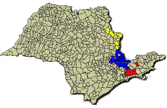 N Região 1 Região 2 Região 3 Região endêmica MT MS TO MG RJ 470 Km São Paulo - Capital Figura 23: Mapa do Estado de São Paulo (SP), Sudeste, Brasil, e as áreas epidêmicas RD1, RD2 e RD3.