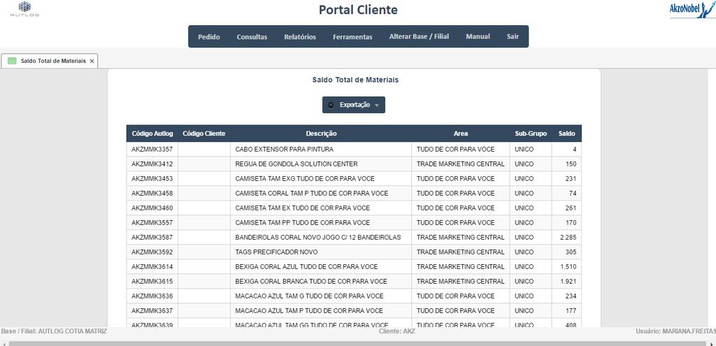 RELATÓRIO DE SALDO TOTAL DE MATERIAIS O resultado de sua pesquisa aparecerá na tela seguinte Você poderá exportar esse relatório