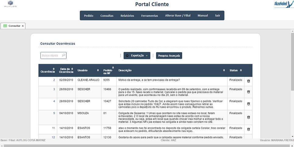 CONSULTAR UMA OCORRÊNCIA Na tela seguinte, será apresentado o relatório das ocorrência já abertas por você.