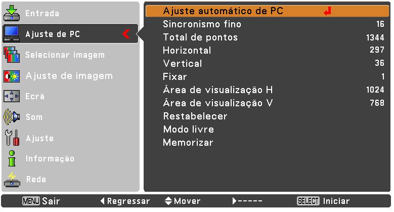 O projector possui cinco áreas de memória independentes para guardar os parâmetros ajustados manualmente. Pode assim aceder a uma configuração de um computador específico.