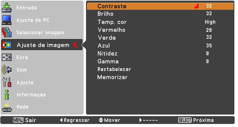 Entrada de computador 1 Ajuste de imagem Prima o botão MENU para visualizar o menu apresentado no ecrã.
