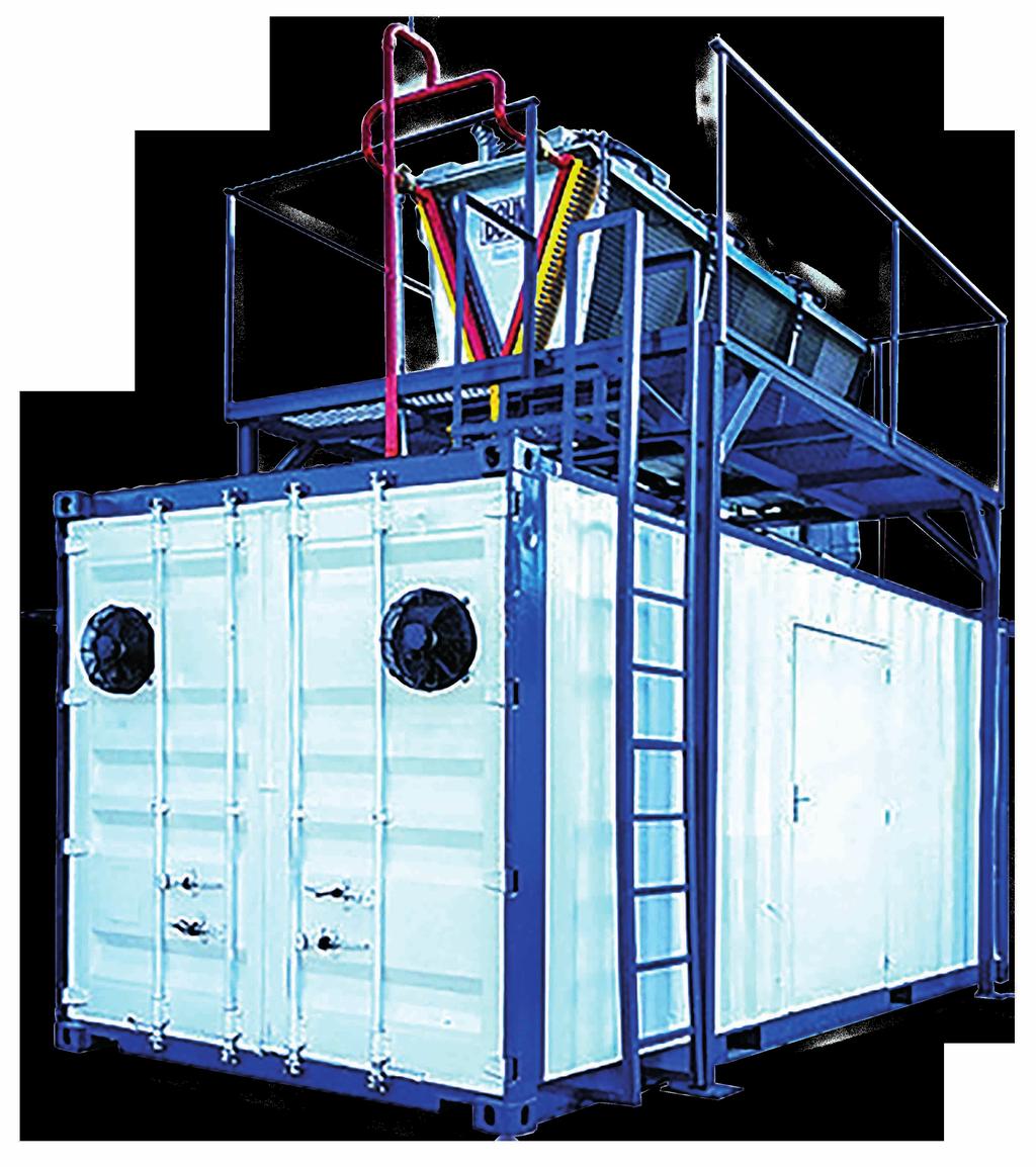 Todo o sistema de refrigeração estará acondicionado dentro de um container isolado e climatizado, composto de compressores