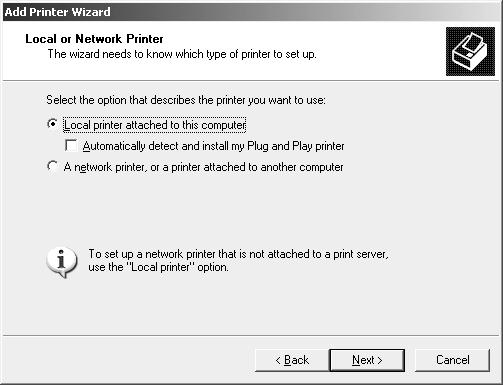 Tem de desactivar a opção Automatically detect and install my Plug and Play printer (Detectar e instalar a minha impressora Plug